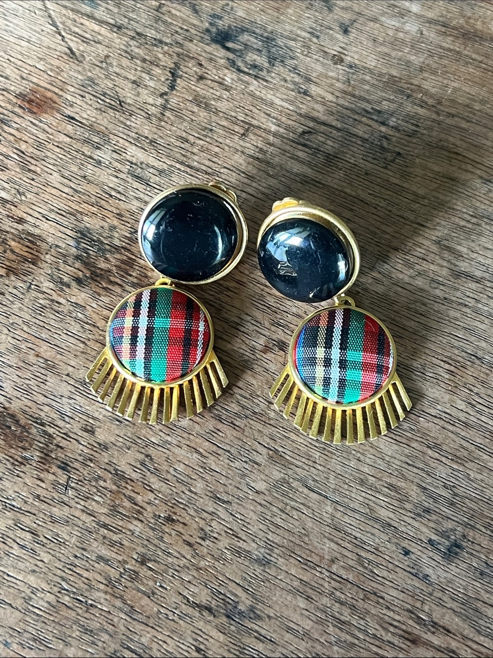 Black and Plaid Clip On Earrings